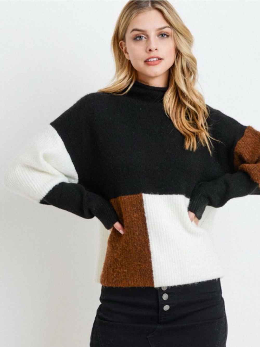 Papercrane Colorblock Funnel Neck Sweater in Black, White & Brown